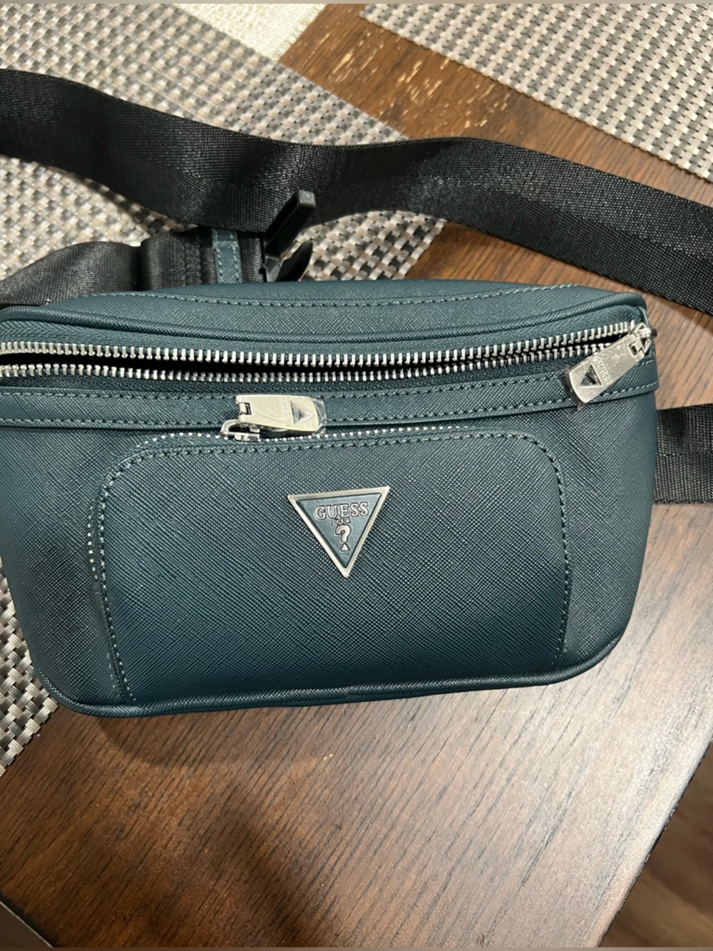 GUESS Men's Teal-Blue Belt Bag with Silver Hardware